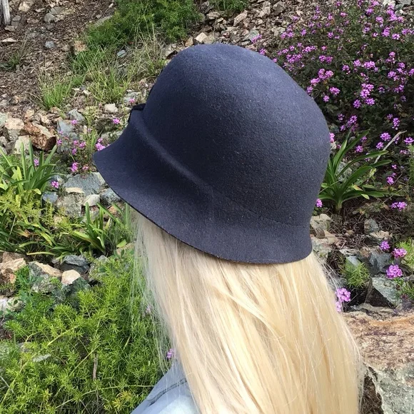 New Cloche Hat 100% wool charcoal tone with flowers